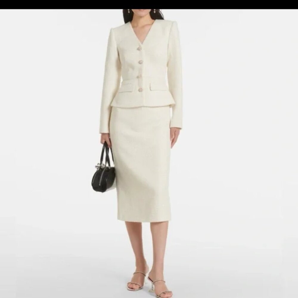 Self-Portrait Cream Long Sleeve Peplum Jacket and Pencil Skirt Set